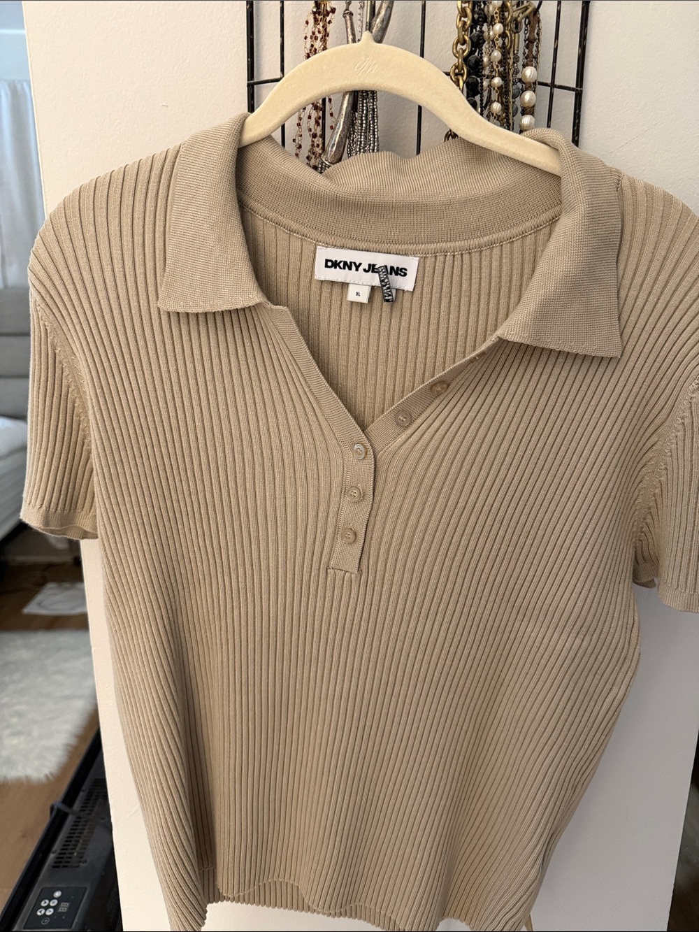 DKNY Ribbed Short-Sleeve Polo Top in Beige